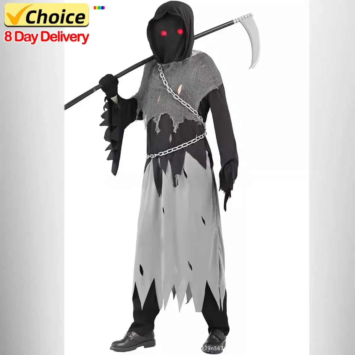 Costume Cosplay di Halloween, Grim Reaper, Costume fantasma spaventoso e Cool, occhi rossi incandescenti per bambini, Grim Reaper Ghost Robe