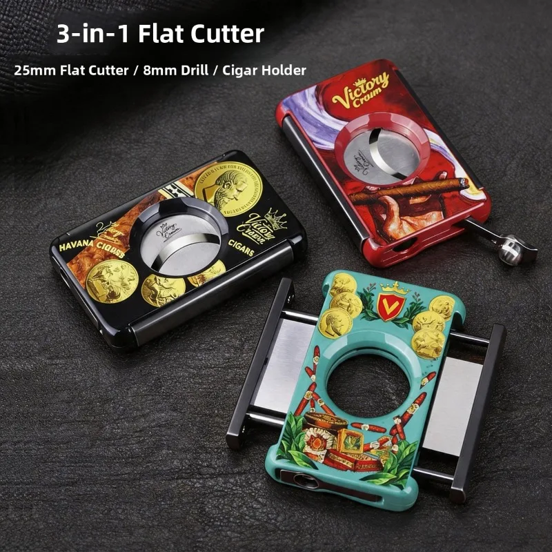 Multi-Functional Sharp Metal Cigar Cutter with Ash Tray Flat Cut Cigar Scissors Portable Three-In-One Design Smoking Accessory