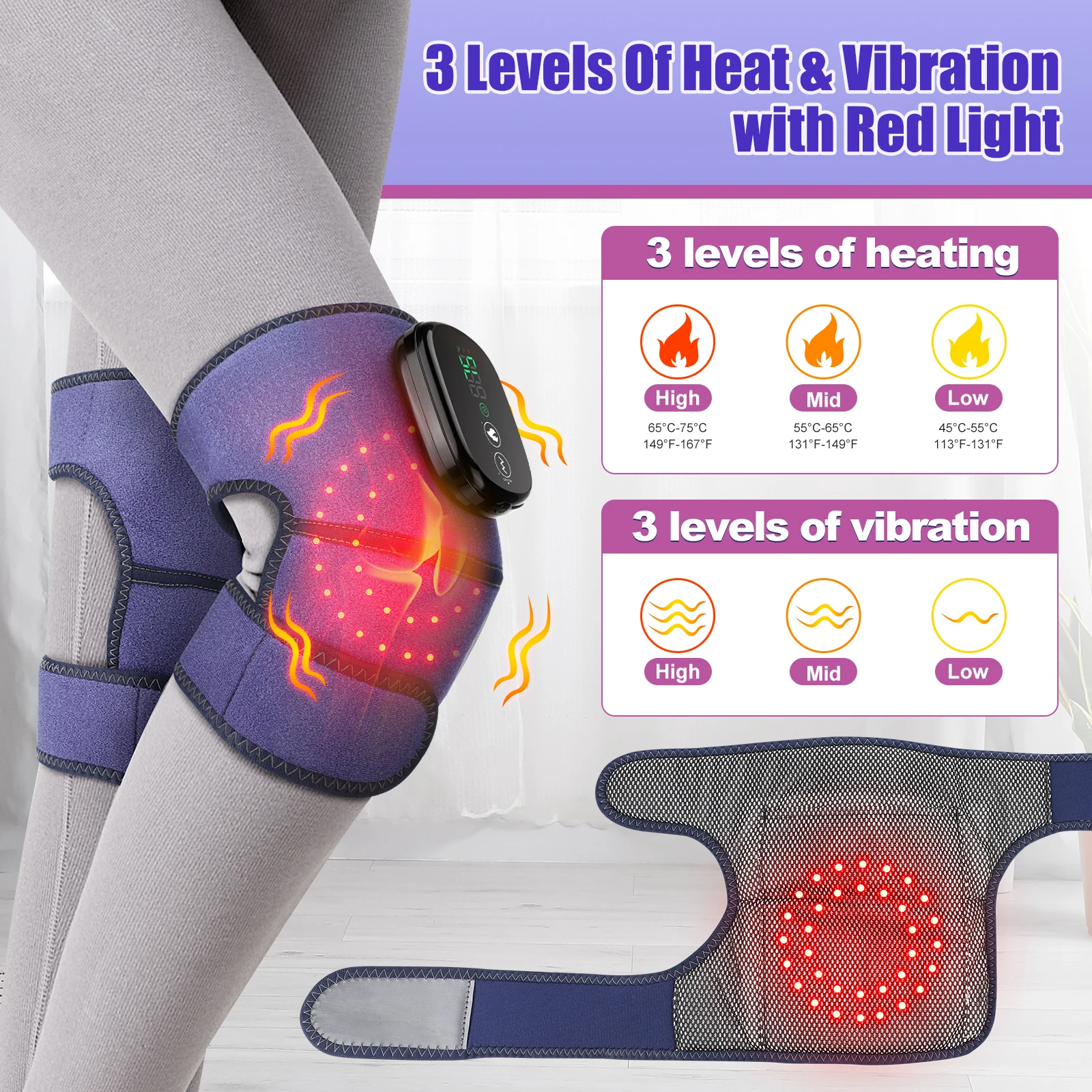 Wireless Knee Pad Heating Knee Massager Joint Vibration 3 in 1 Shoulder Elbow Brace with Digital Display Controller