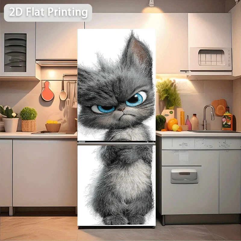 Refrigerator Sticker Angry Little Gray Cat Themed Scene Wall Decal Self-Adhesive Wallpaper Suitable for Cabinets and Wardrobes