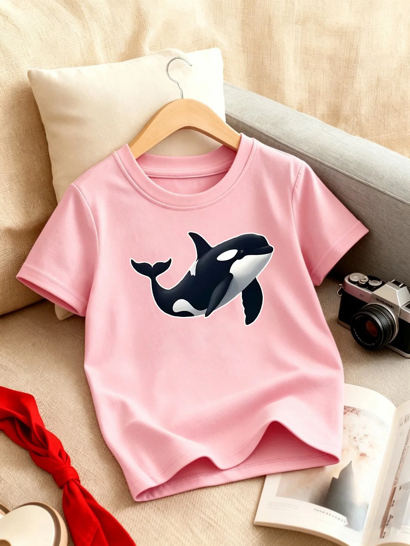 Lovely Orca Killer Whale Print Kids Tee Boys Girls Cotton Family Match Summer Breathable Soft Casual Unisex Kids Daily Wear Tops