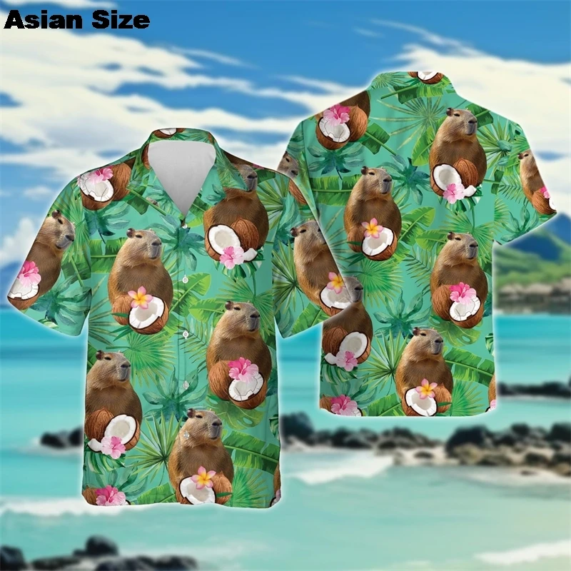 Cute Capybara Graphic Beach Shirt Kawaii Aniaml Female Short Sleeve Blouses Hawaii Surfing Women Lapel Blouse Button Man Tops