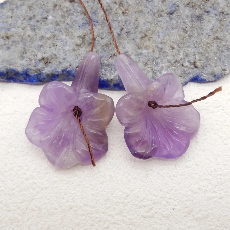 

Natural Stone Amethyst Carved Flower Earring Beads Fashion Jewelry Accessory For Women 33x23x9mm 10g