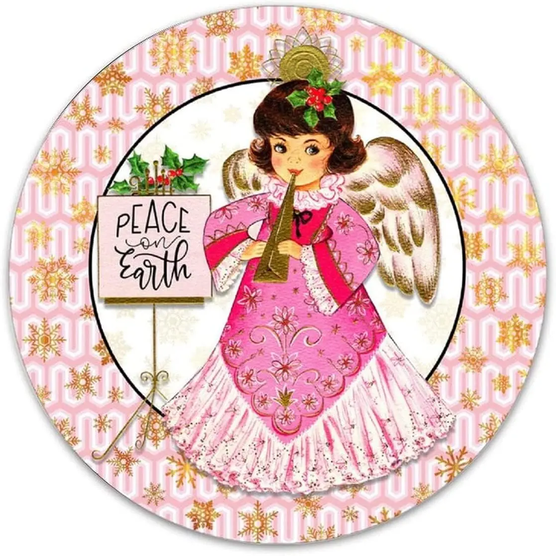 Round Metal Tin Sign Rustic Wall Decor Peace on Earth Pink and Gold Angel Metal Tin Sign Rustic Metal Plaque for Christmas Hallo