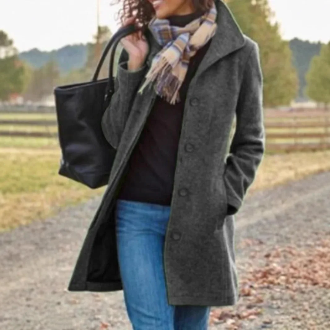 Women Autumn Winter Tweed Coat Solid Color Long Sleeve Turndown Collar Button Pockets Fashion Regular Warm Comfortable Standard