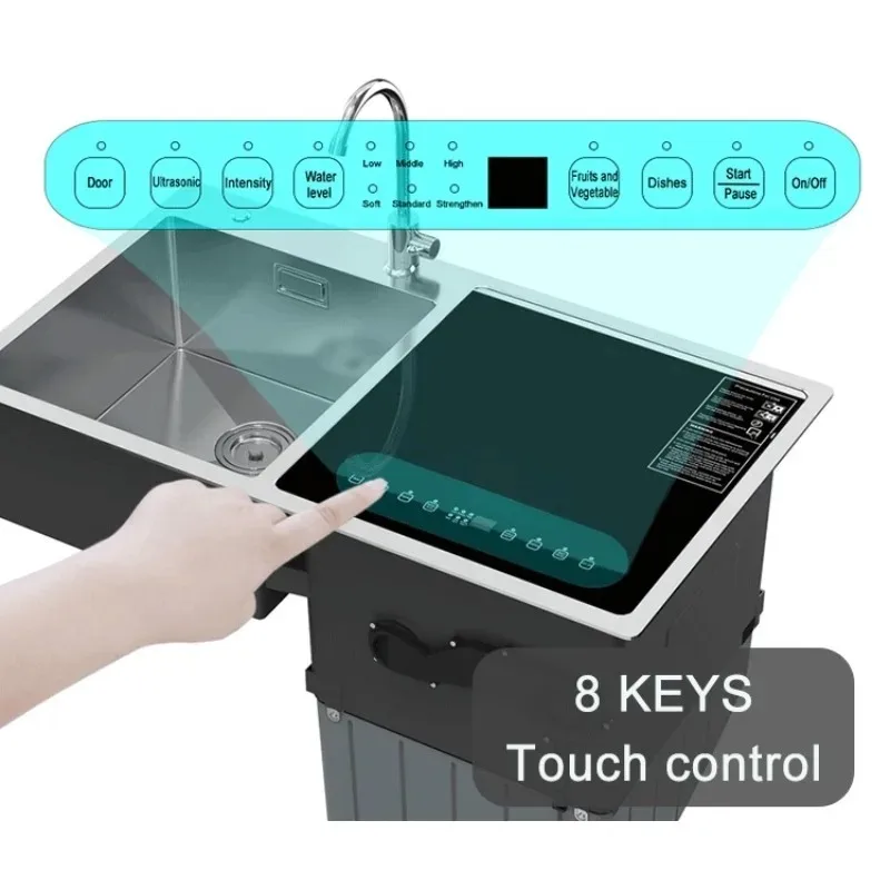 Automatic Large-capacity Builtin sonic Sink Double-bowl Kitchen Sink Touch Control 6-hole Den Stainless Steel