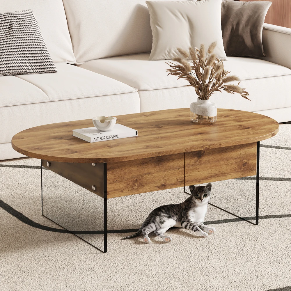 Modern Coffee Table with Double Drawers, MDF Top & Clear Tempered Glass Sides, Simple Storage Design