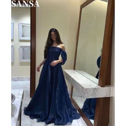 Sansa Graceful A-line Navy Blue Lace Evening Dress Off Shoulder Floor-Length Wedding Dress Draped Sleeveless vestidos de fiesta