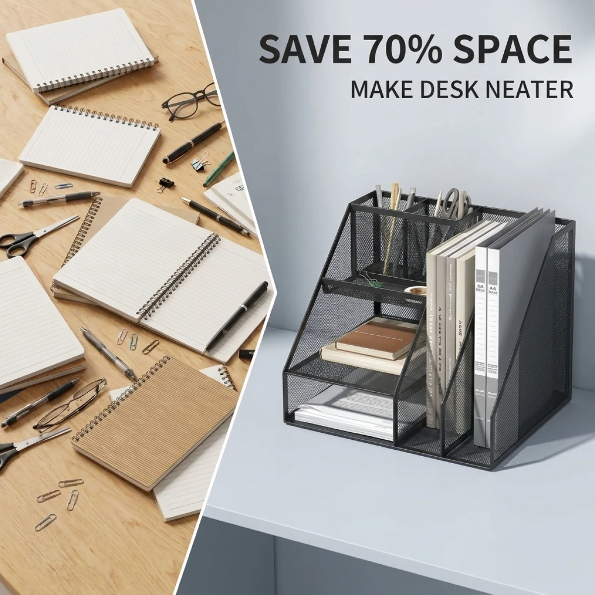 Desk File Organizer Holder, A4 Book Slot Stationery Storage Rack, Space Saving Non-Slip Desktop Document Tray for Office Home Sc