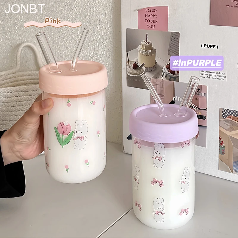 

600ml Kawaii Glass Bottle For Water Coffee Drinks BPA Free Clear Milk Juice Bubble Tea Glass Cup With Lid And Straw Girl Gift