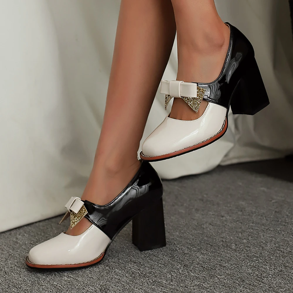 2026 Mature White Block Heel Pumps for Women 7cm High  Wide Fit Lady Bridal Shoes Small Big Plus Size 10 33 46 48 Mary Jane