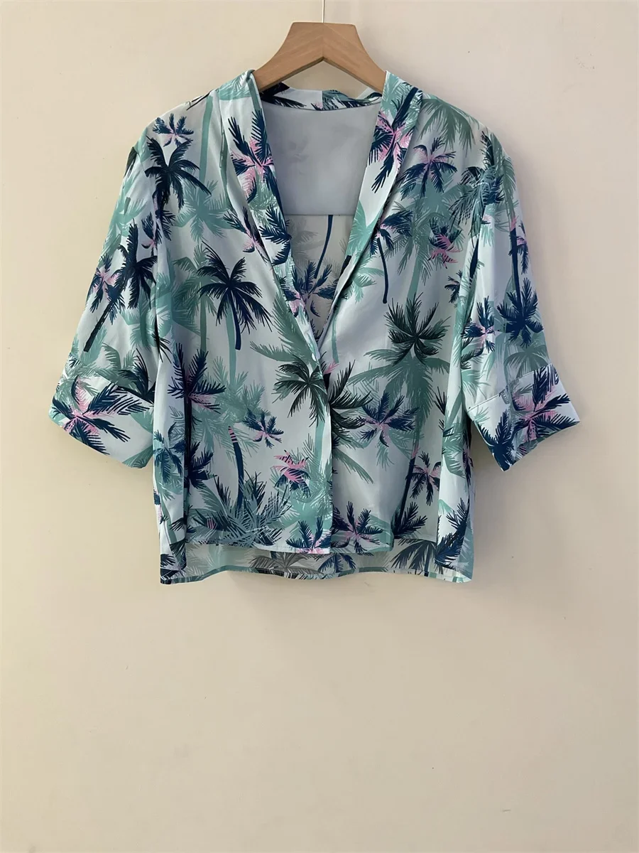 

Summer 2025 Women 100% Silk Shirt Coconut Tree Print V-Neck Short Sleeve Fashion Casual Blouse Top