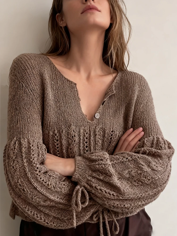 

Новый ретро-рукав-фонарик, регулируемый вязаный пуловер на шнуровке, женский свитер на пуговицах, однотонная рубашка-поло, топы, женская одежда