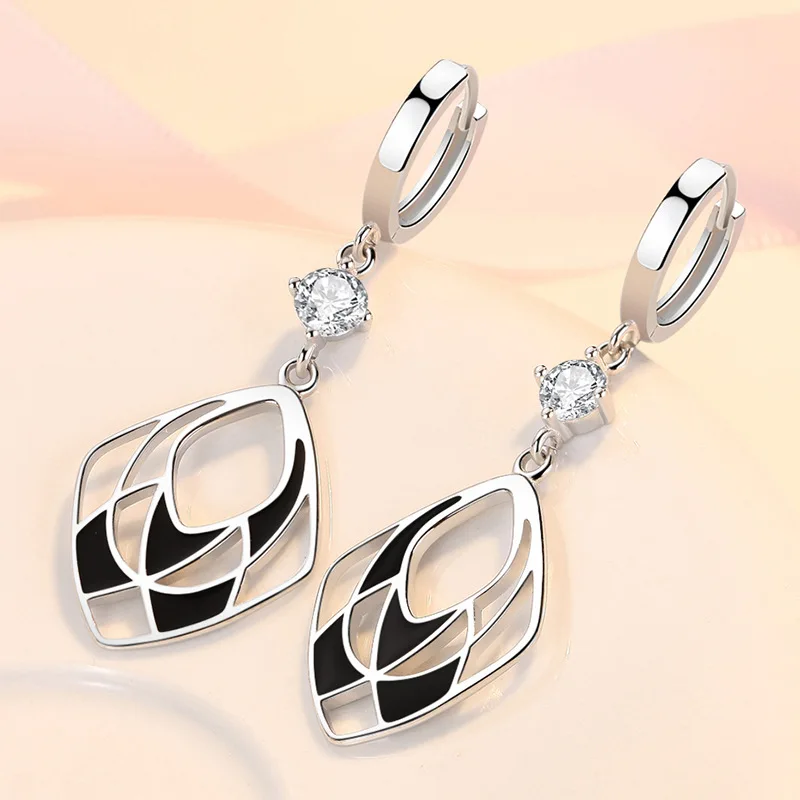 Exquisite Geometric Polygon Vintage Black Rhombus Eardrops Jewelry 925 Sterling Silver Earrings For Women Party Accessories Gift