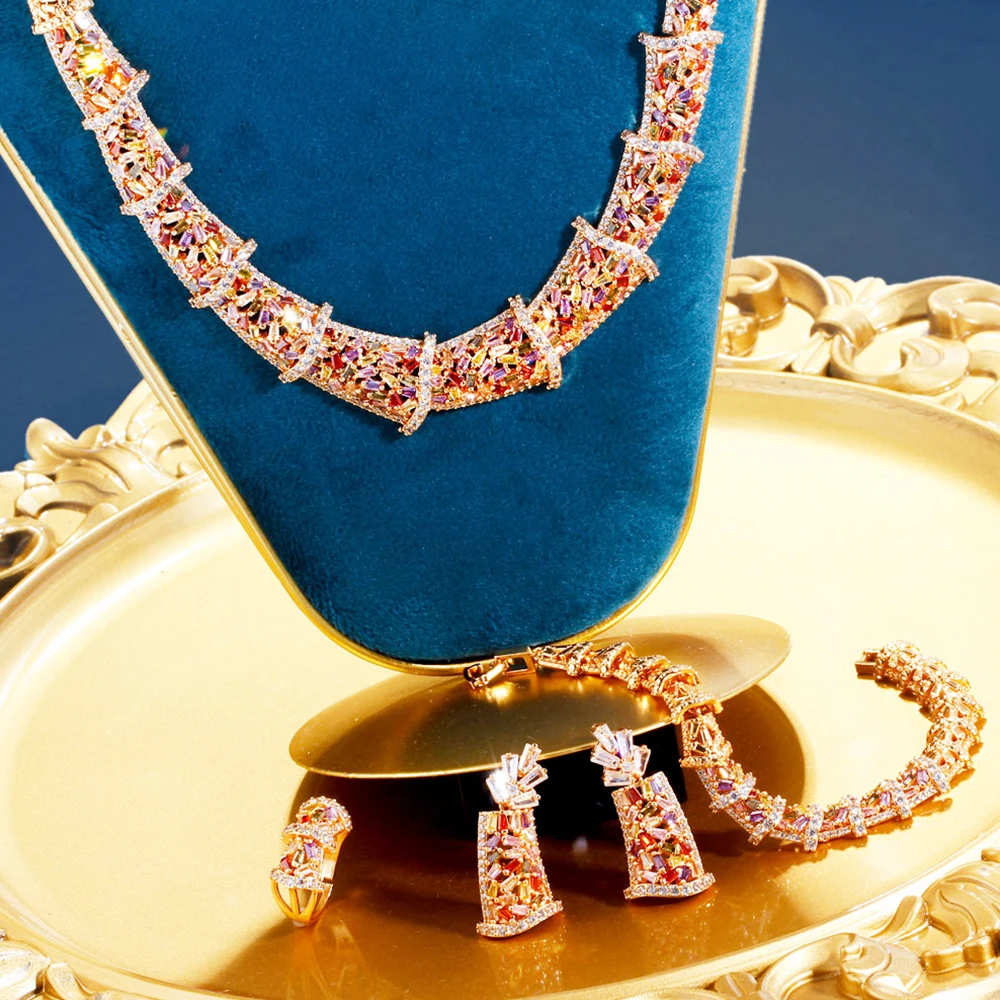 

BeaQueen Luxury Women 4pcs Wedding Banquet Jewelry Set Heavy Stone Work Multicolor Full Cubic Zircon Gold Plated Necklace T0851
