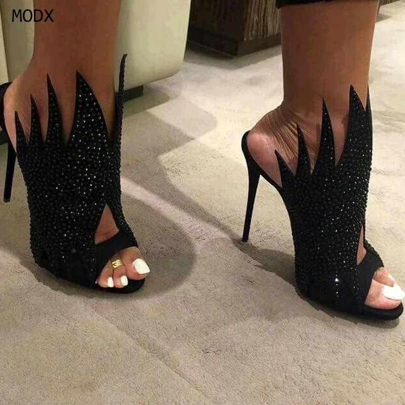 Women PointedToe Black Rhinestone Decoration Lightning-Shaped Women's Slippers Stilettos Shallow Luxury High Heels 46