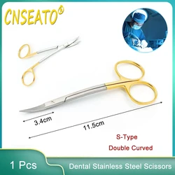 Dental Stainless Steel Scissors 11.5 Cm Needle Holder Plier Double Curved Gold Plated Handle Sharp and Durable Surgical Tools