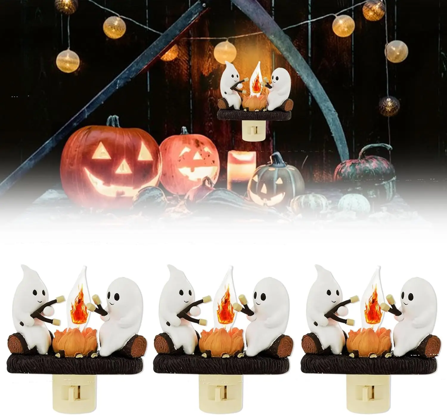 3Pcs Ghost Campfire Flickering Nightlight- Ghost Roasting Marshmallows at Campfire,3D Spooky Fire Marshmallow LED Night Light