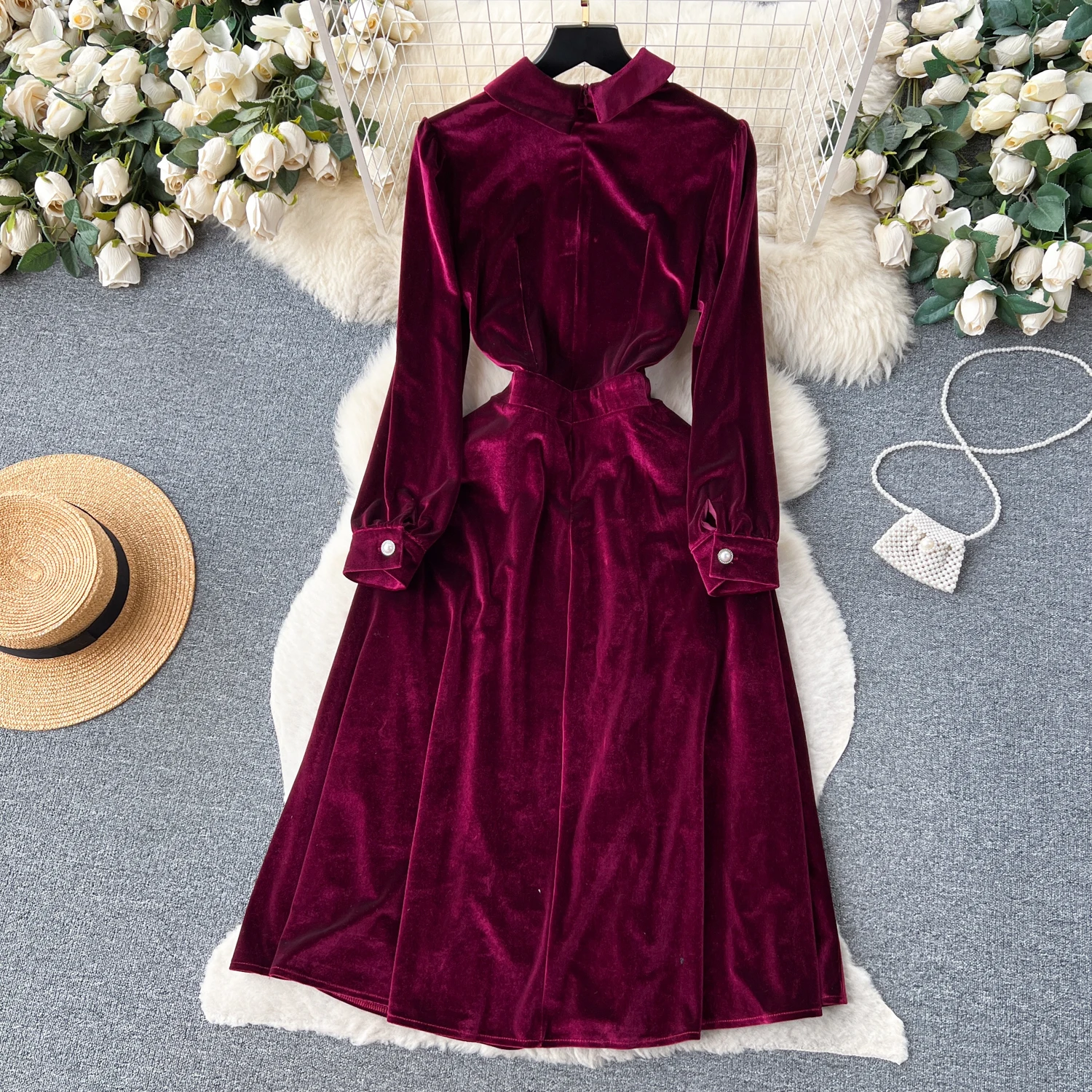 Vintage Long Sleeve Elegant Turn-down Collar Chic Single Breasted Slim Velvet Dresses French Evening High Street Winter Clothing