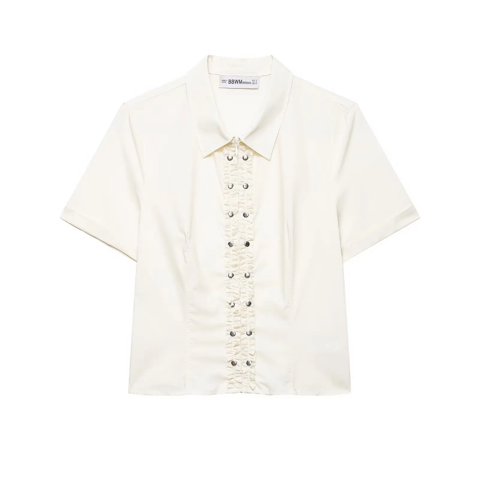 HH Woman Fashion Short Sleeves Lapel Rivet Laminated Poplin Shirt+Side Zipper Mini Skirt Casual Solid Summer Two Piece Set