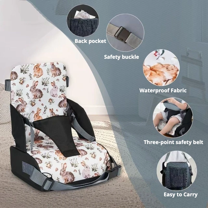 

Anti-Slip Folding Booster Seat PU Washable Printed High Cushion for Children, Portable Travel Dining Chair with Safety Straps