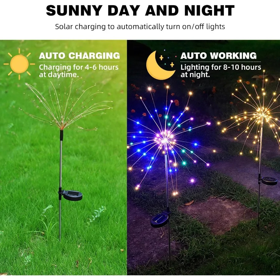 2 luci decorative da giardino solari per fuochi d'artificio solari da esterno con 120 LED e 40 fili di rame per illuminazione paesaggistica fai da te