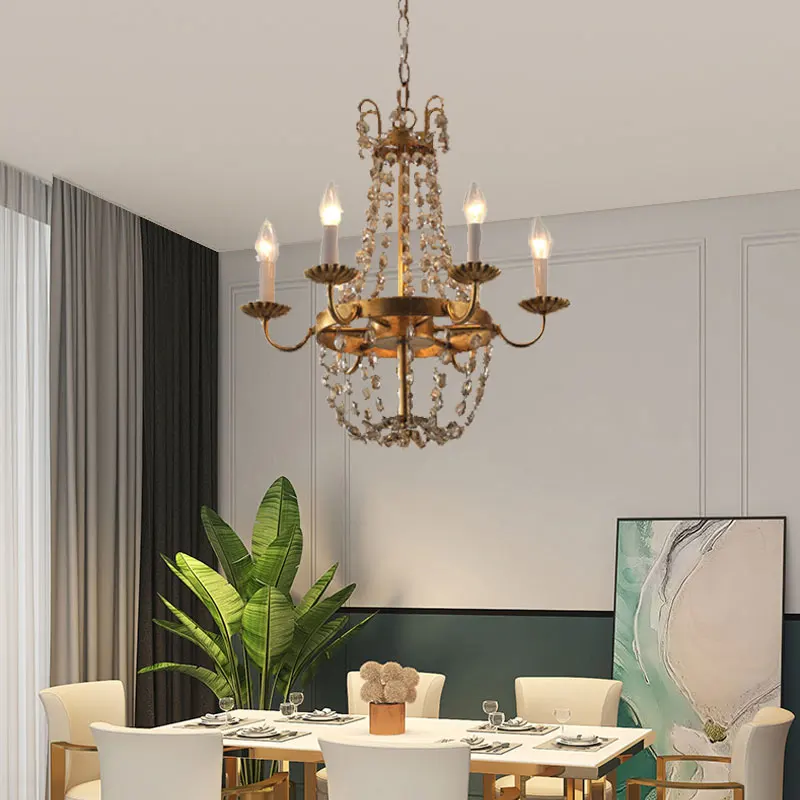American Crystal Chandelier Iron Art Restaurant Living Room Bar Dining Room Kitchen Pendant Lamp Bedroom Retro Hanging Lamp