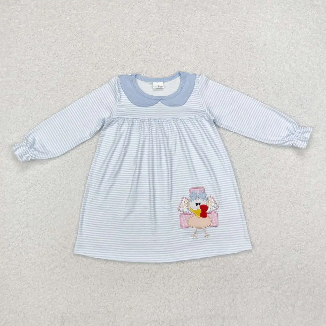 

new RTS Embroidered Turkey Striped Blue Dress Wholesale Boutique Thanksgiving Infant Girls Holiday Dress