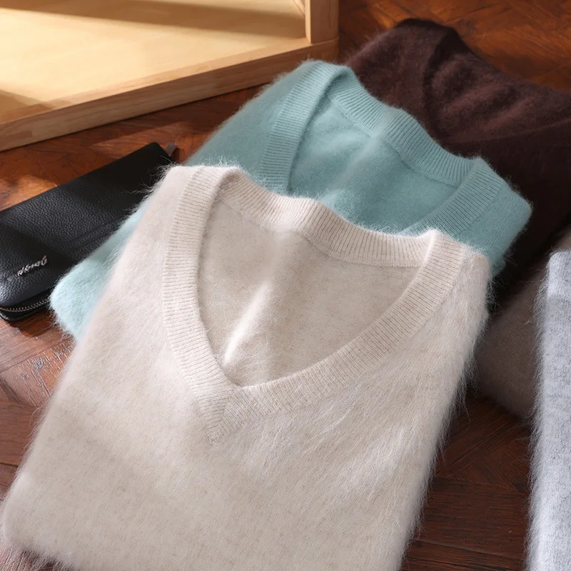 

Мужской осенне-зимний базовый свитер из 100% норкового кашемира с V-образным вырезом, легкий, комфортный, однотонный, с длинным рукавом