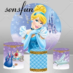 Castle Blue Dress Princess Cinderella Round Backdrop Cover Girls Baby Shower 1st Birthday Party Decor Desset Table Plinth Covers