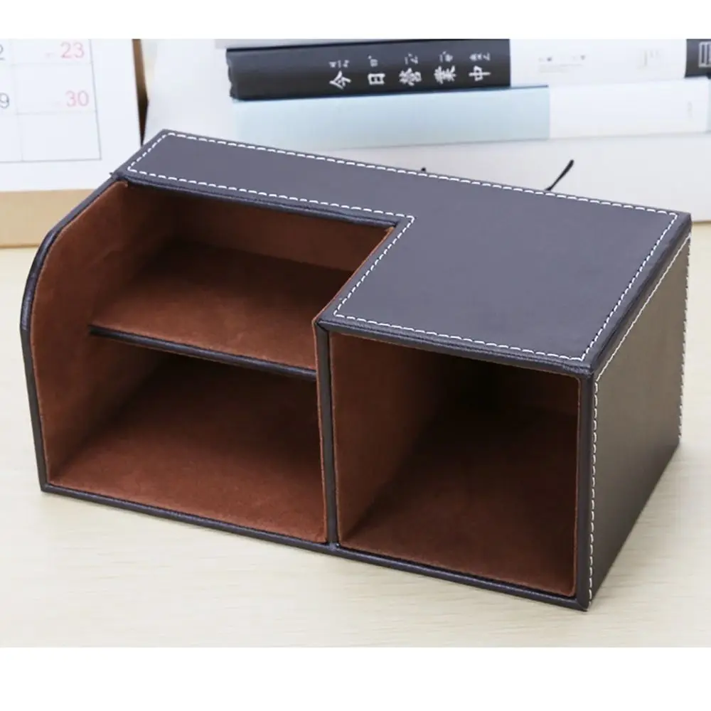 High Quality Leather Pen Holder 3Grids Desktop Organiser Makeup Brush Holder Stationery Storage Brush Pot