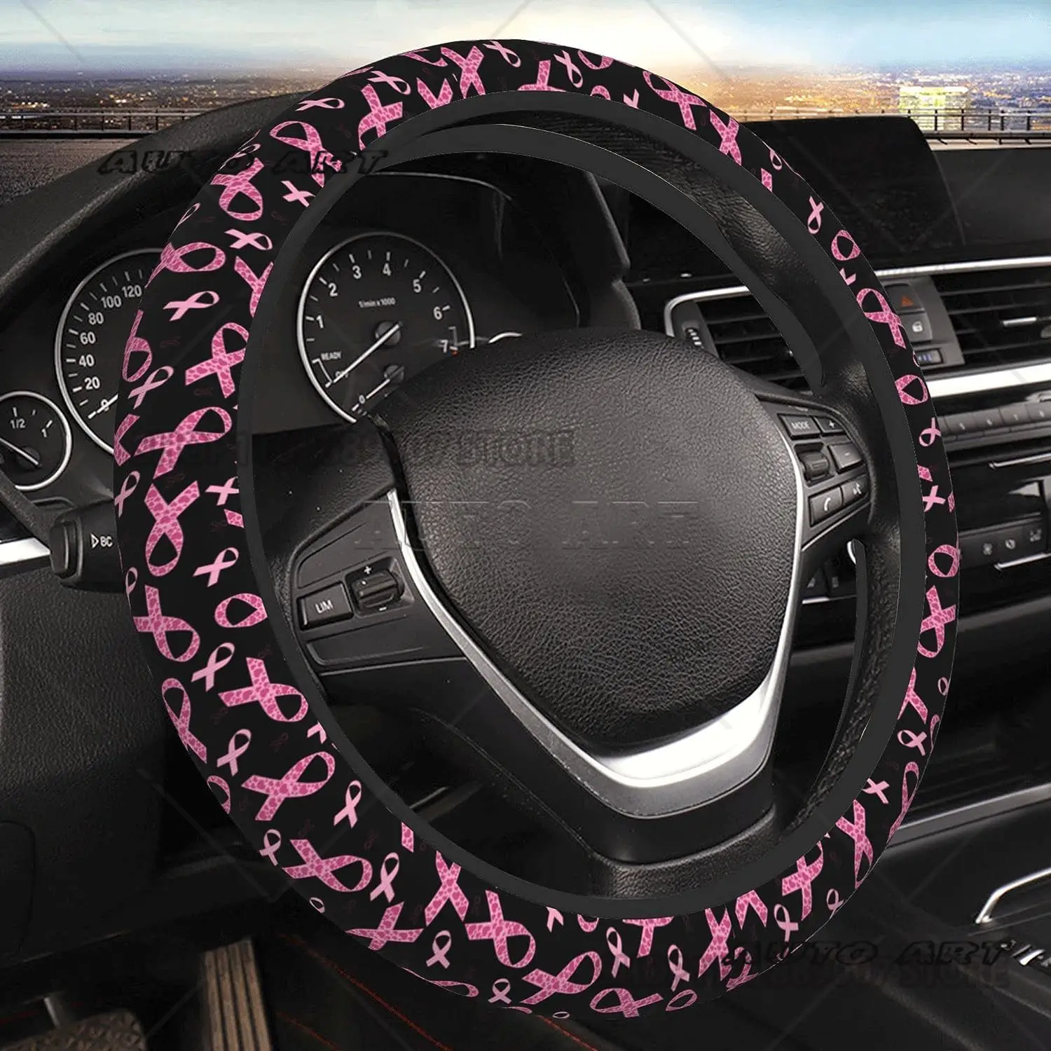 

Elastic Steering Wheel Cover Breast Cancer Awareness Pink Ribbon Car Steering Wheel Protective Covers Universal For Sedans