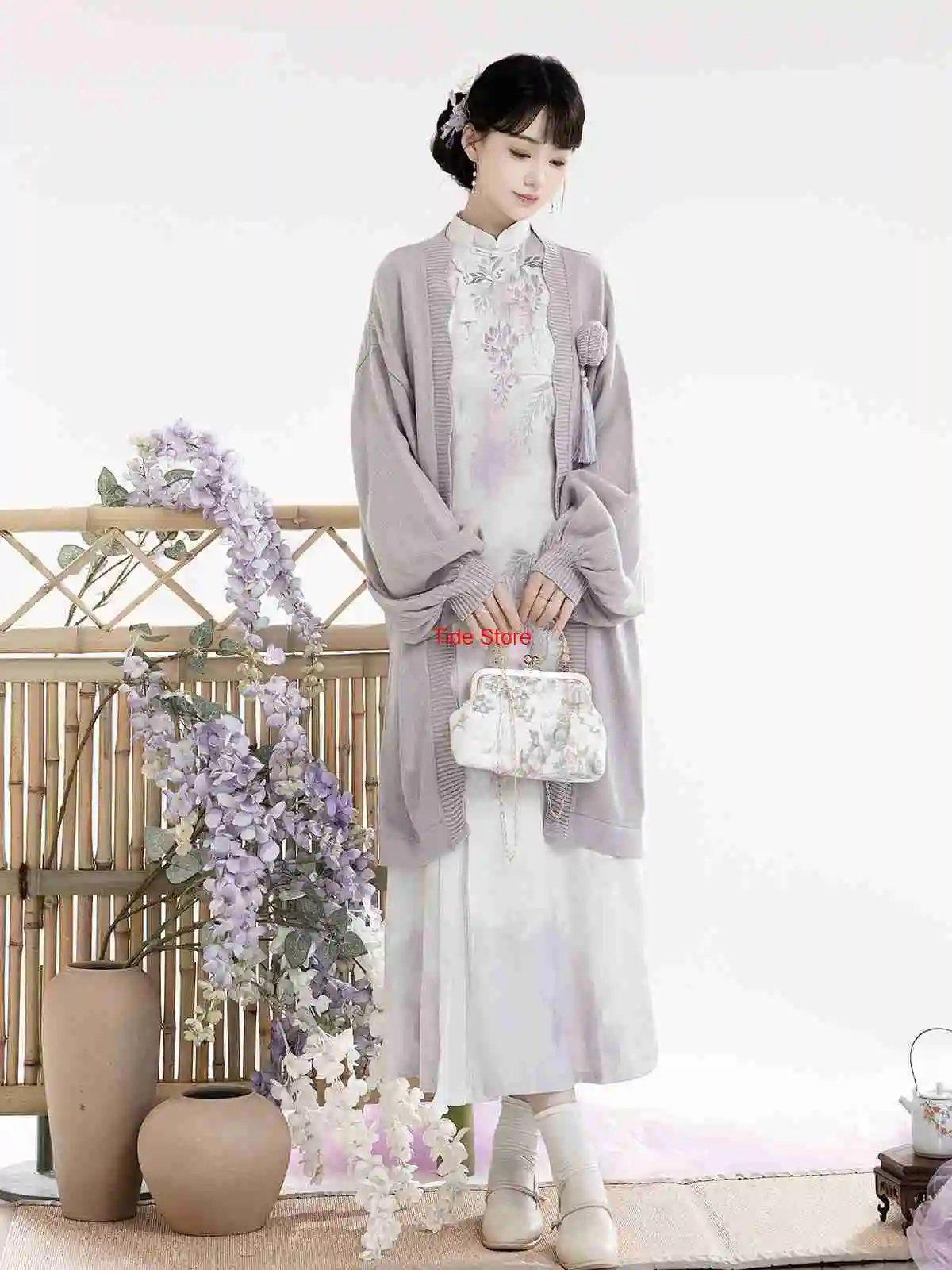 

Wisteria Poetry Improved Hanfu Women's Dress Han Elements Daily New Chinese Style Knitted Cardigan Cloak Cheongsam