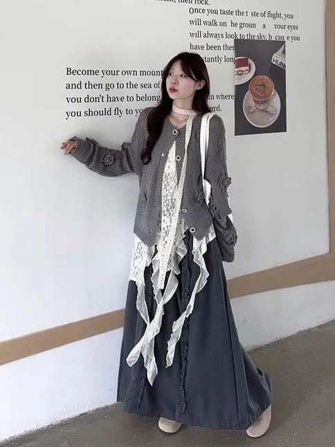 

Laid-back Floral Knitted Cardigan Sweater Women's Autumn Retro Layered Lace Vest Wide Leg Pants Three-piece Set Fashion Ensemble