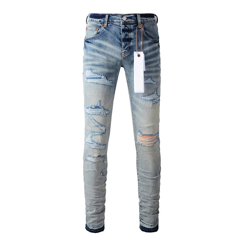 

American Streetwear Style Light Indigo Distressed Stretch Skinny Purple Destroyed Holes Ripped Brand Jeans