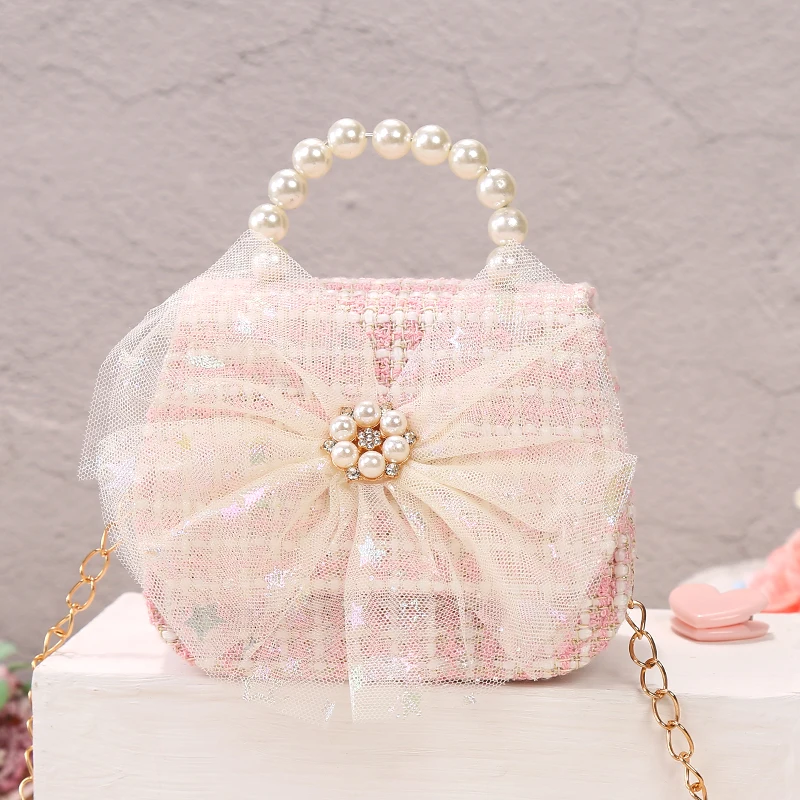 Kids Linen Purses and Handbags Cute Girls Princess Mini Crossbody Bag Bowknot Toddler Party Pearl Tote Hand Bags Gift