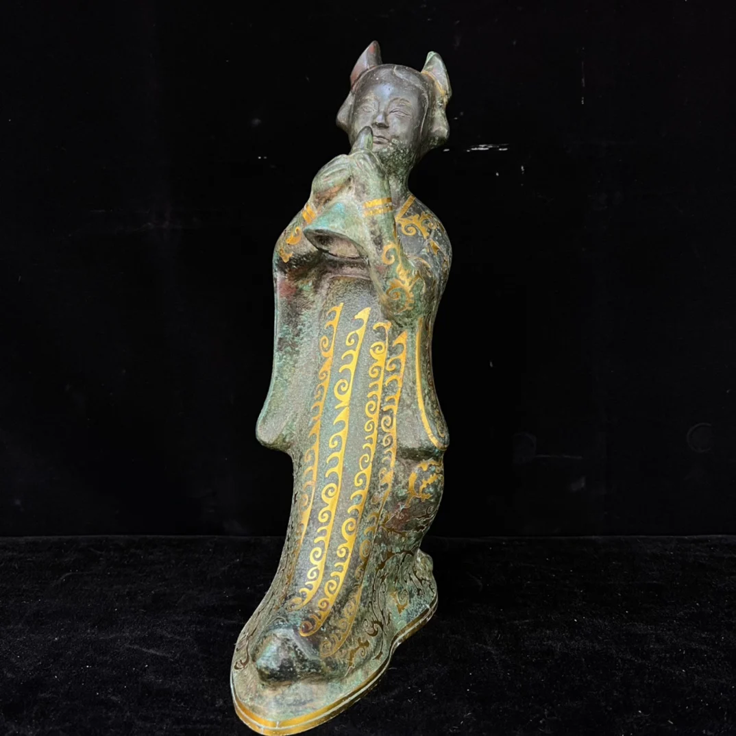 Old hand-caved bronze inlaid with gold female musicians,#06
