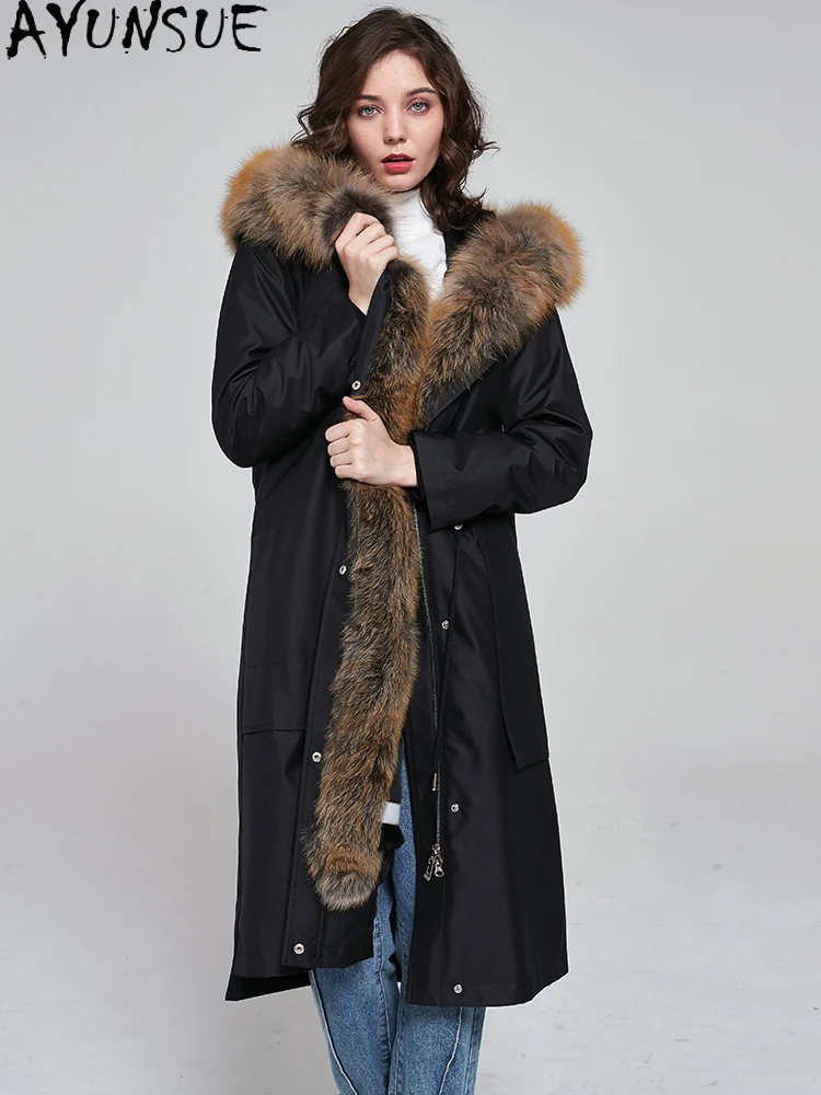 

AYUNSUE парка из натурального меха, женская парка с подкладкой из кролика рекс, съемная теплая зимняя одежда, плащ средней длины, воротник из лисьего меха Шуба Женская
