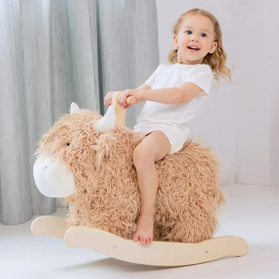 Baby Rocking Horse for 1 Year OldWooden Cow Yak Horse Rocking with Wicker Plush Wooden Ride On Toy for 2 Years Old GirlandBoy N