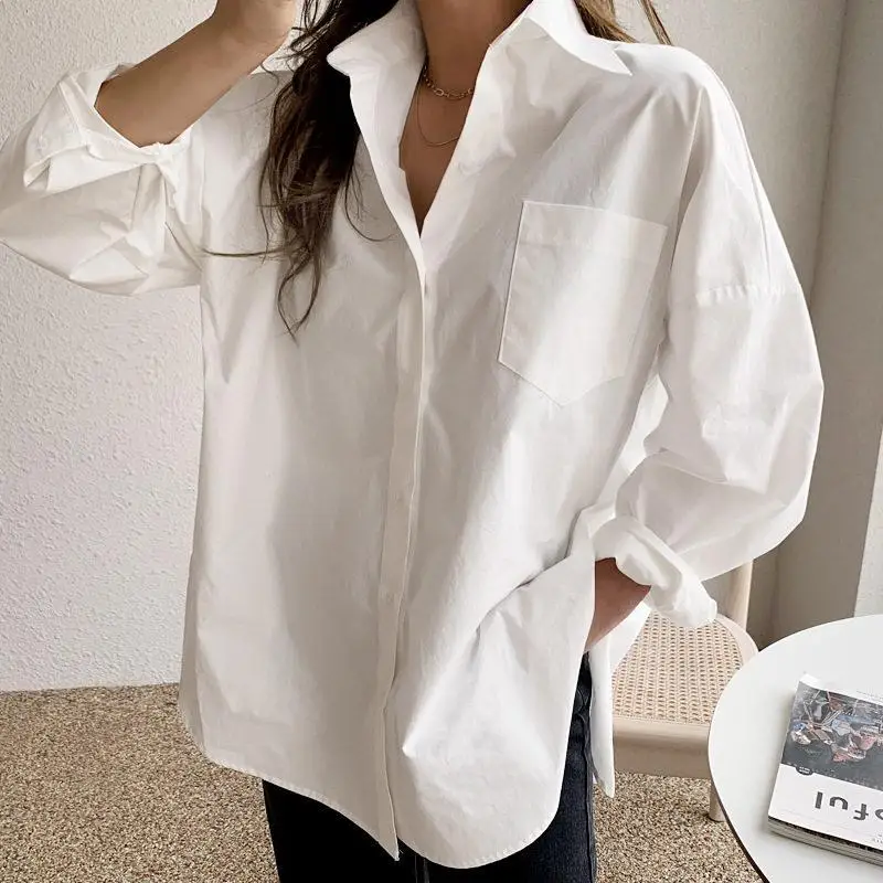 

White Long Sleeve Shirt Women's Loose Spring New Korean Design Mid-Length Top Casual Style Straight Tube Polyester Fiber