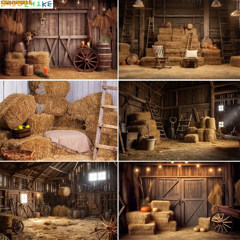 

Western Cowboy Charm of the Countryside Rustic Barn Door Photography Backdrops Hay Bales Wheel Candles Farm Background CO-03