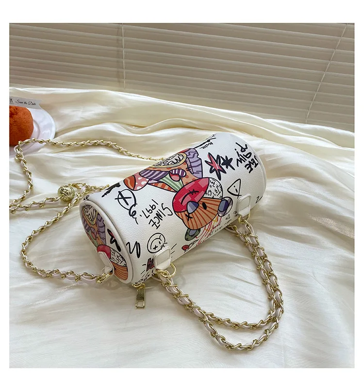 2023 new Cartoons Graffiti Cylindrical Pu Leather Zipper Crossbody Bags For Women Chain Shoulder Handbags And Purses Lady