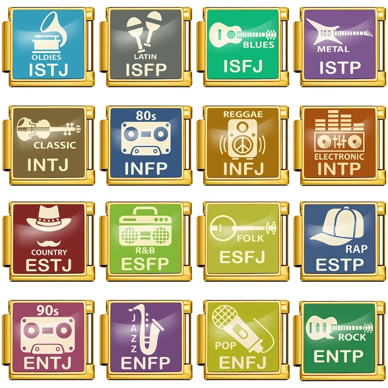 Gold Plated MBTI Music Italian Charm Bracelet Stainless Steel Modular Charms 16 Personalities Music Genre DIY Jewelry for Fans