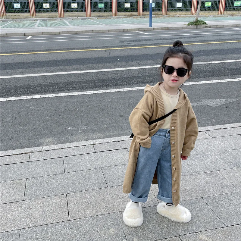 2024 Spring New Korean Children Wear Girls Long Knitted Woolen Coat with Leisure and Western Style Hooded Cardigan Coat Trendy