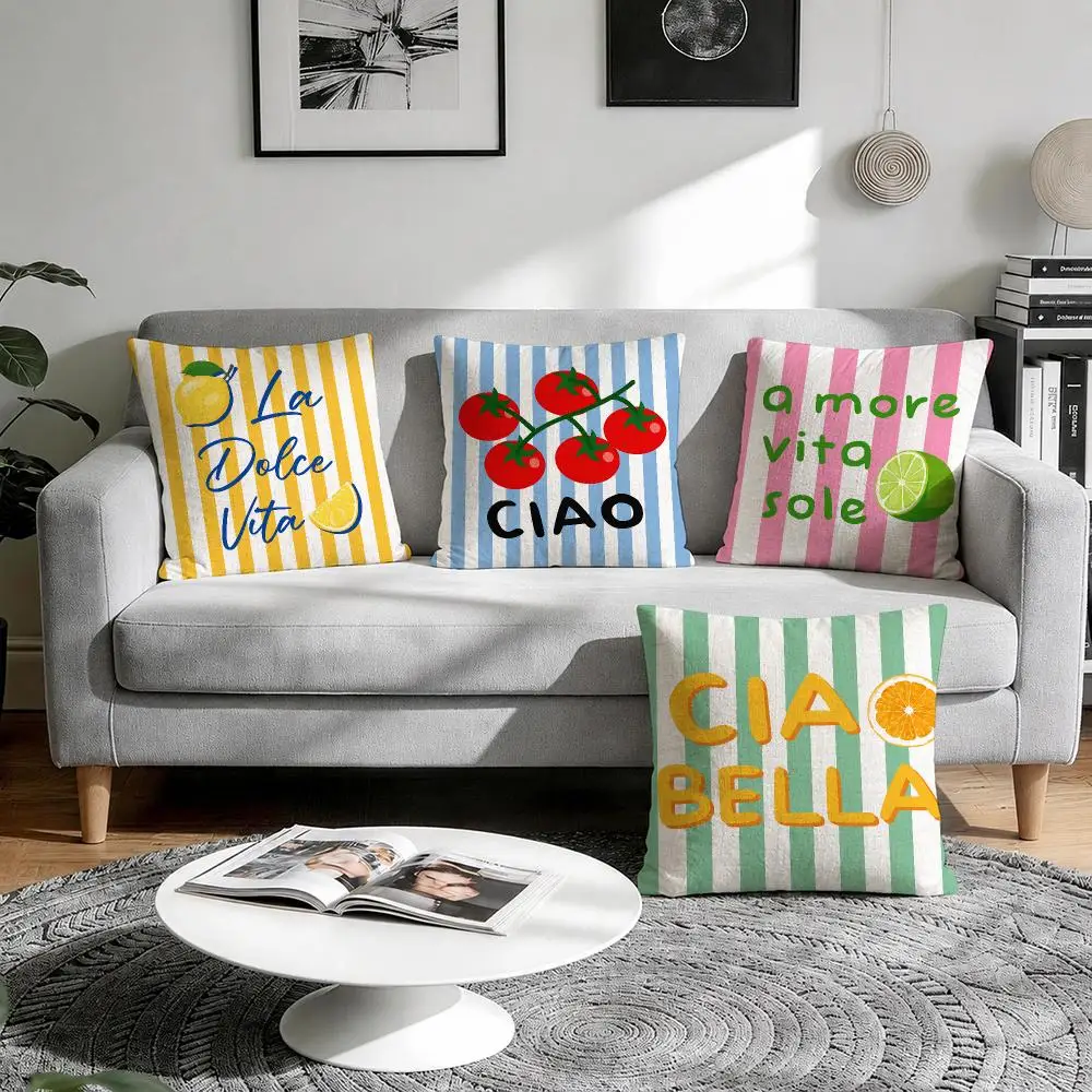 Italian Retro Vacation Style Cushion Cover Natural Breathable Durable Linen Printed Decor Pillow Case Sofa Bedroom