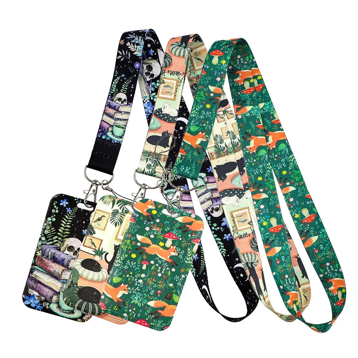 Cartoon Katze Fuchs Wald Blumenmuster Schlüsselband Halsband Schlüsselanhänger Ausweishülle Ausweishalter Handyband Schlüsselring Zubehör