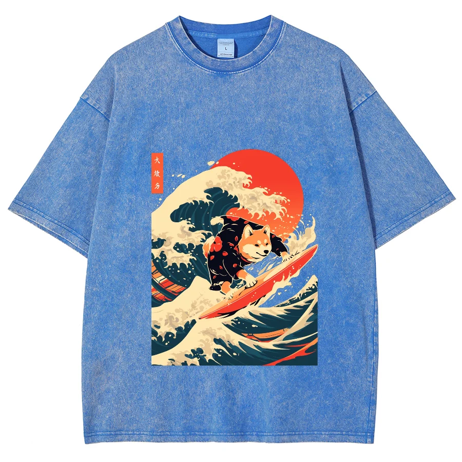 Japanese Wind Waves Sunset Print Cotton Wash Denim T-Shirt Oversized Unisex Half Sleeve High Quality Casual Fashion Retro Top