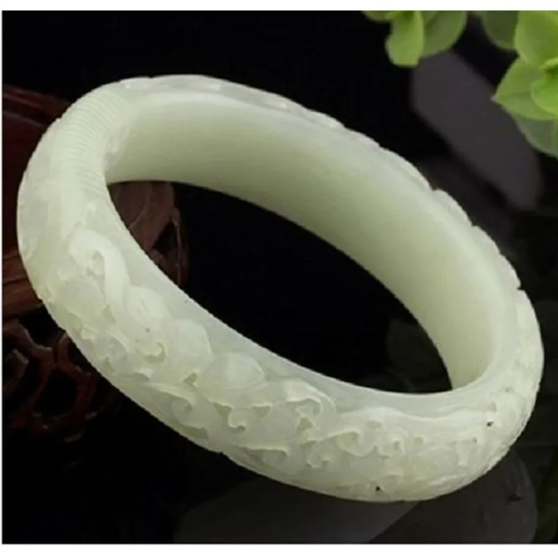 

Natural Hetian White Handcarved Lotus Flower Elegant Jade Bracelet Bangles High Jewelry Accessories