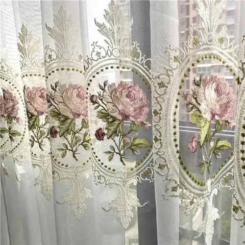 유럽의 우아한 꽃 럭셔리 자수 Tulle 커튼 거실 용 Sheer Voile Drapes for Bedroom Guaze Widnow Curtains