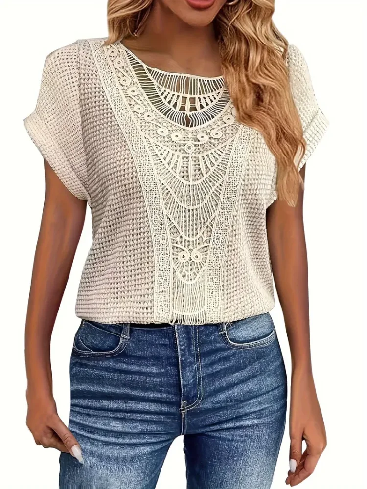 

Plus Size Contrast Lace Top Casual Crew Neck Short Sleeve Top Women's Plus Size Clothing